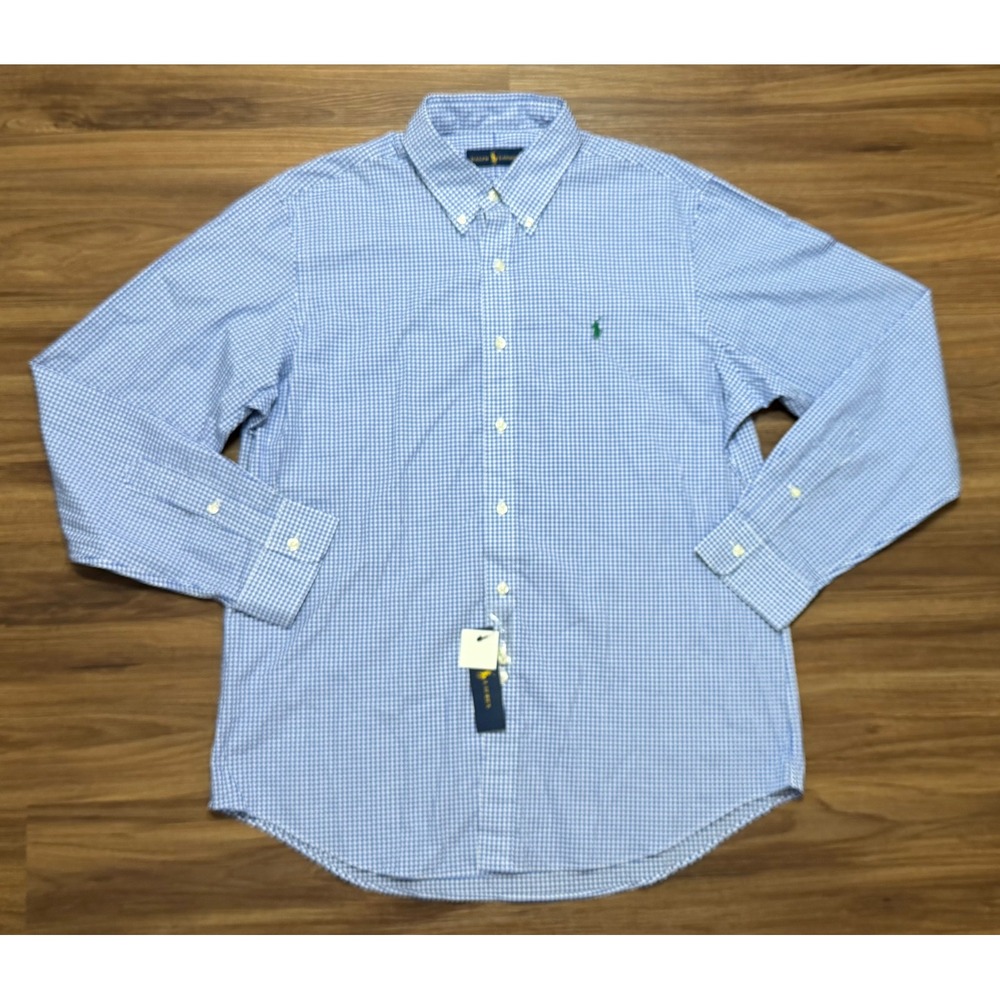 Ralph Lauren Mens Blue White Gingham Cotton Button Down Pony Logo Shirt NWT Sz L - Picture 2 of 9